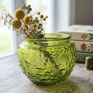 E.O. Brody Co. Avocado Green Textured Glass Bowl C-107  MCM Crinkle Glass Vase